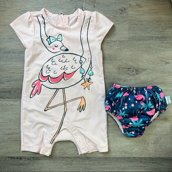 Baby Gap | Girl's Flamingo Graphic Shorty Rashguard One Piece Swim Suit - Picture 1 of 11